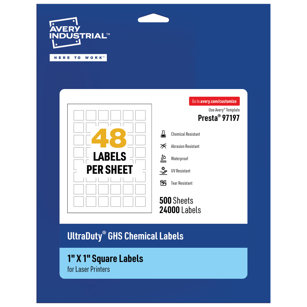 Avery Ultra Duty Permanent GHS Chemical Labels, 97197-WMU500, Square, 1in x 1in, White, Pack Of 24,000