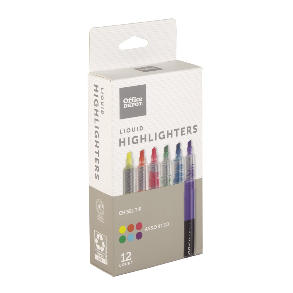 Office Depot Brand Liquid Ink Highlighters With Chisel Tips, Assorted Colors, Pack Of 12