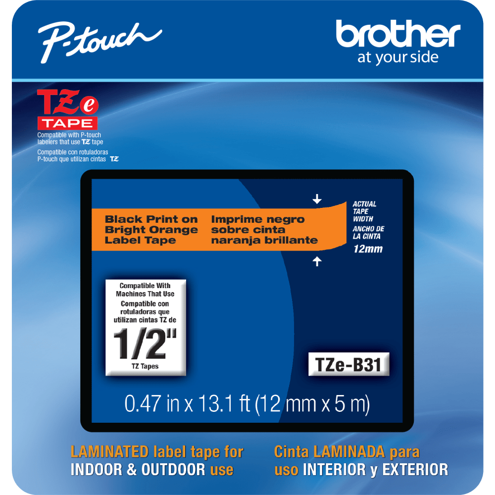 Brother TZEB31CS Genuine P-Touch Laminated Label Tape, 1/2in x 13-1/8ft, Black/Fluorescent Orange