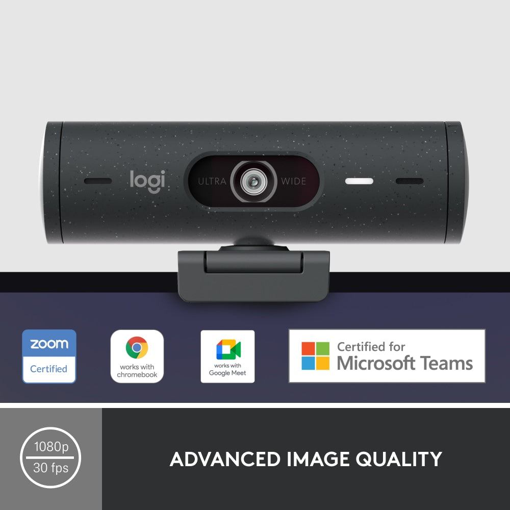 Logitech Brio 500 Full HD Webcam, 1-1/4inH x 4-5/16inW x 1-1/4inD, Graphite, 960-001493