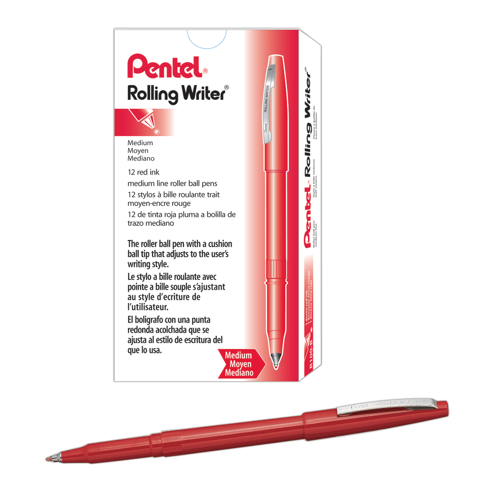 Pentel Rolling Writer Pens, Medium Point, 0.8 mm, Red Barrel, Red Ink, Pack Of 12 Pens