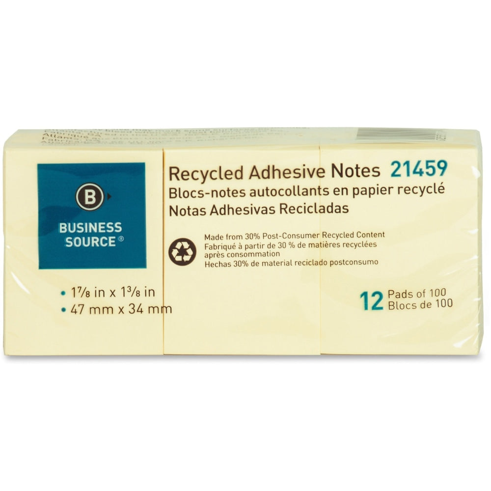 Business Source Yellow Adhesive Notes - 1 7/8in x 1 3/8in - Rectangle - Unruled - Yellow - Self-adhesive, Removable - 12 / Pack - Recycled