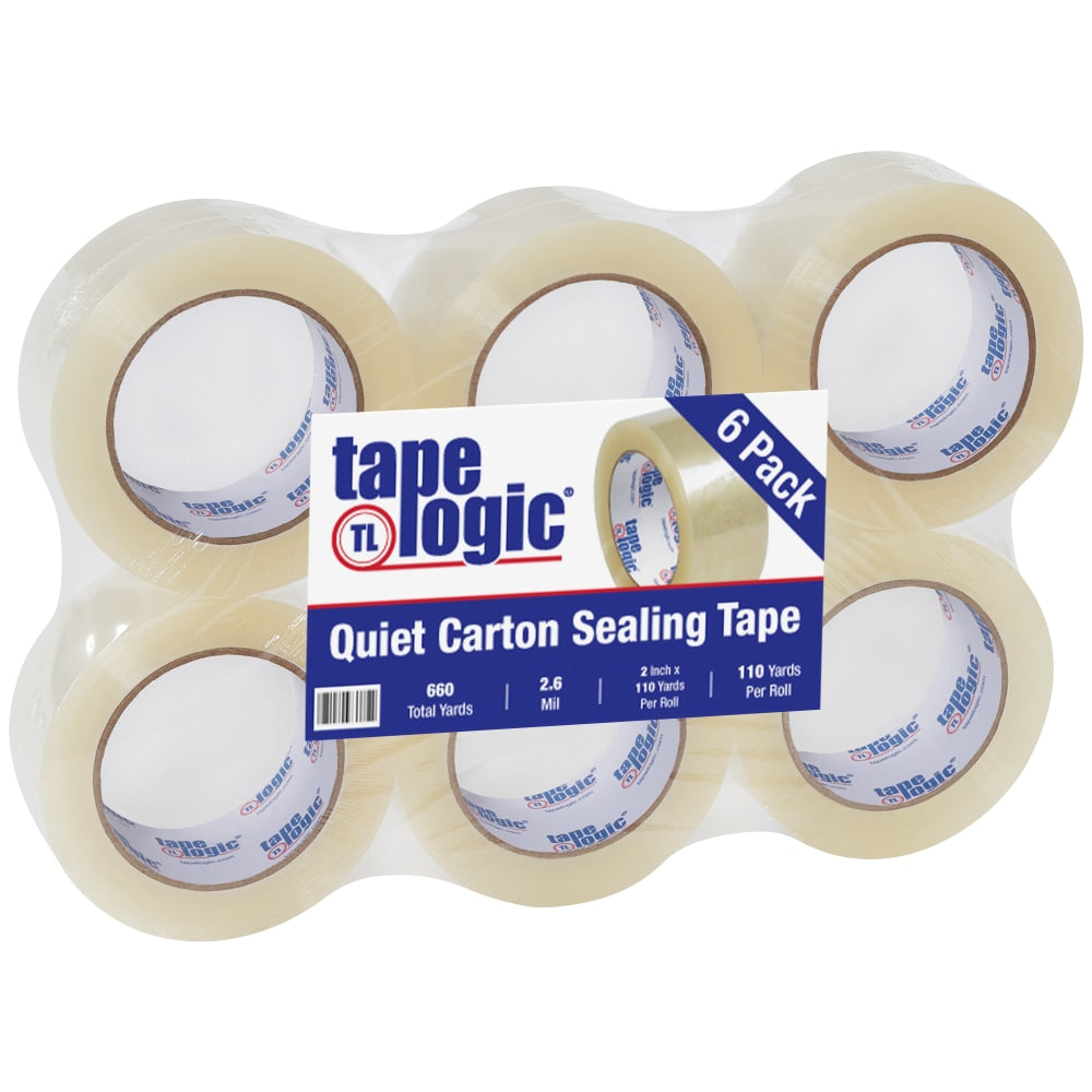 Tape Logic Quiet Carton-Sealing Tape, 3in Core, 2.6-Mil, 2in x 110 Yd., Clear, Pack Of 6