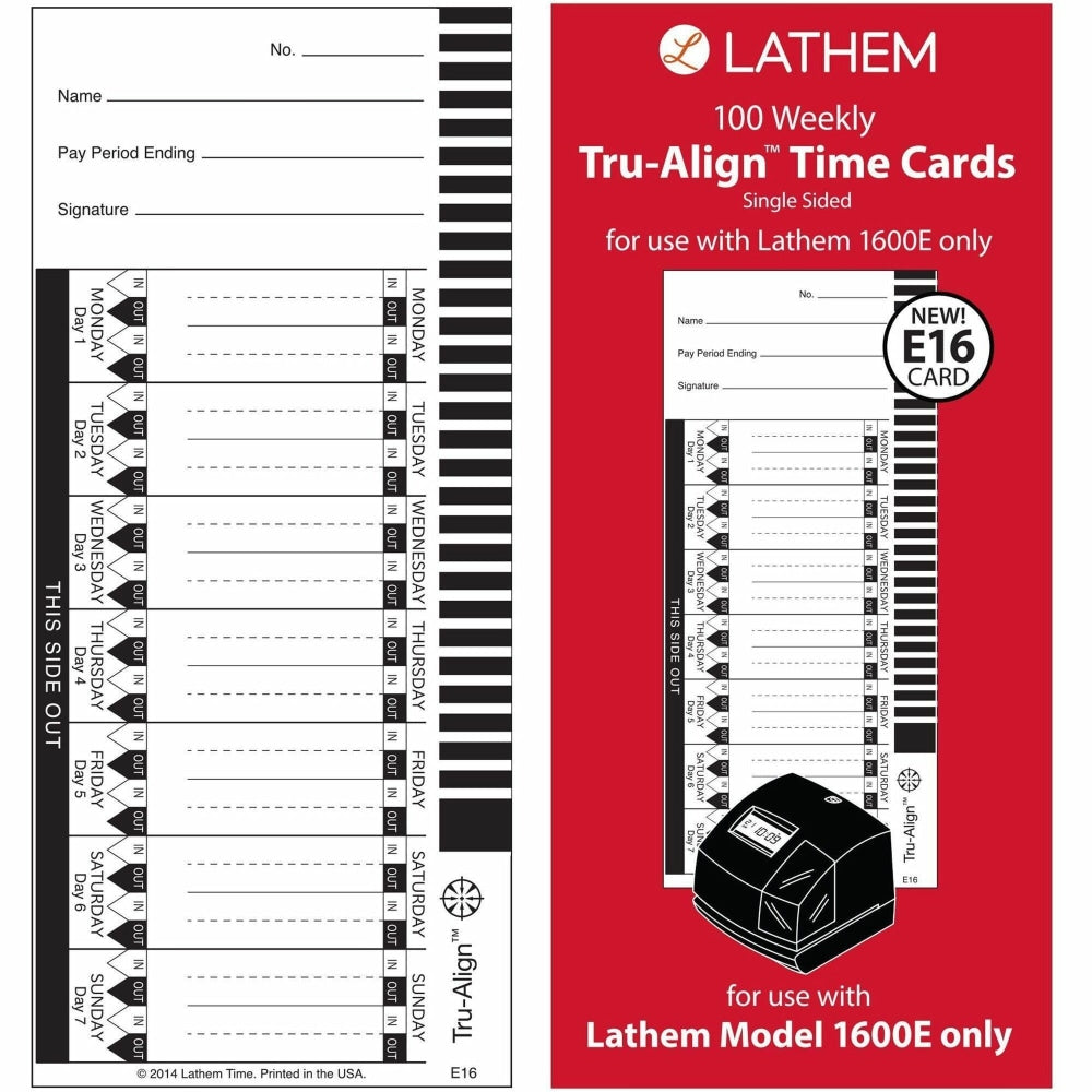 Lathem TruAlign E16 Time Cards For 1600E, Weekly, 1-Sided, 4in x 9in, White, Box Of 100