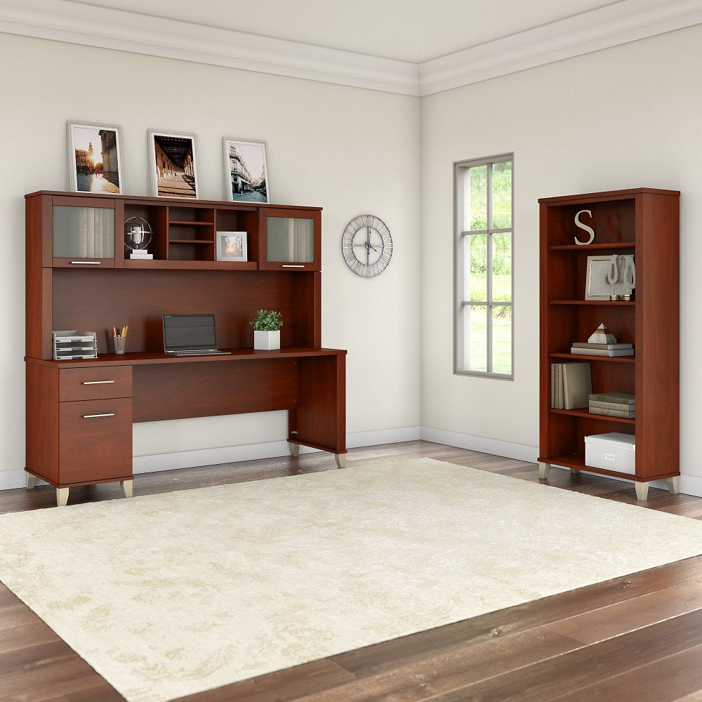 Bush Furniture Somerset 72inW Office Desk With Hutch And 5 Shelf Bookcase, Hansen Cherry, Standard Delivery