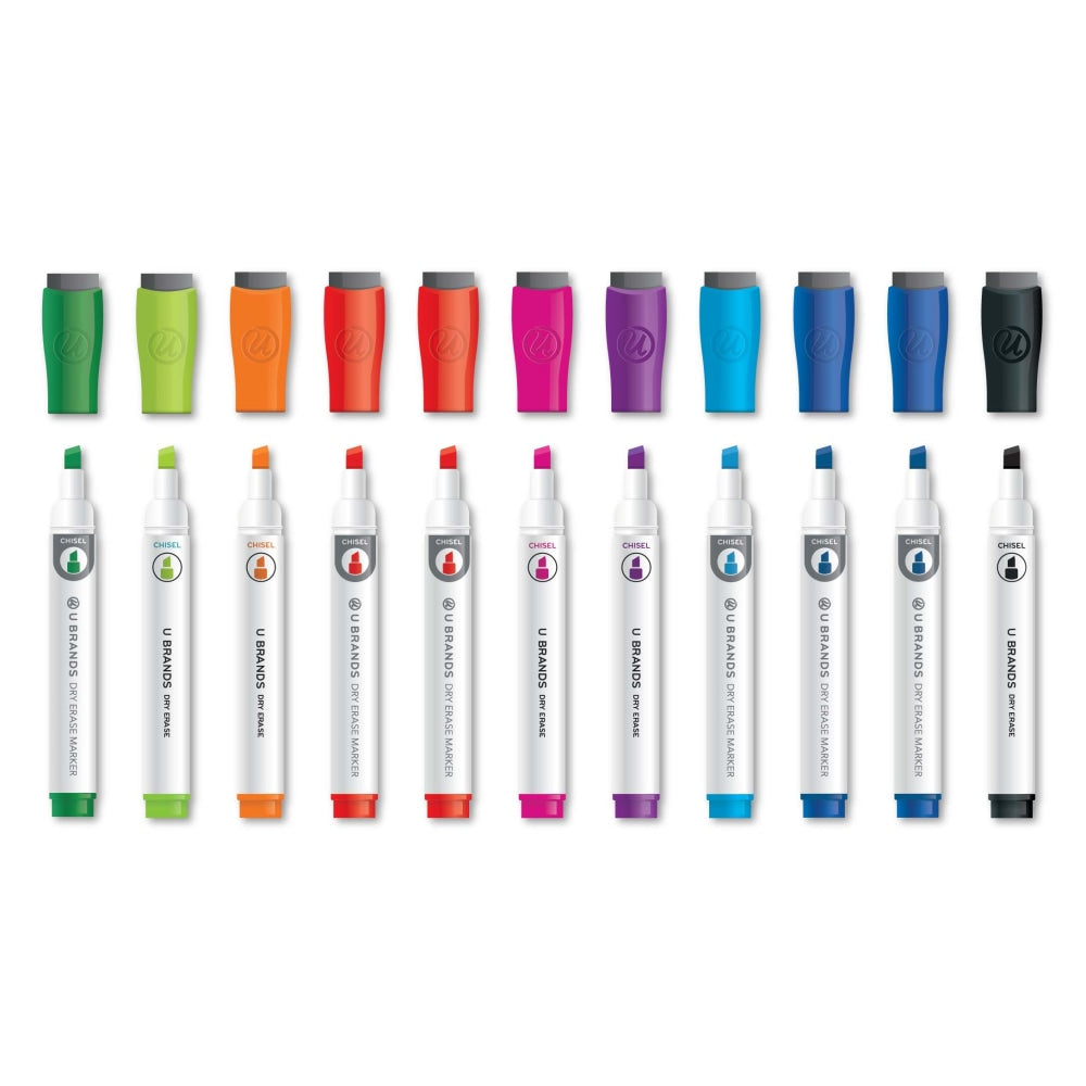 U Brands Low-Odor Dry-Erase Markers, Chisel Tip, White Barrel, Assorted Ink Colors, Pack Of 24 Markers