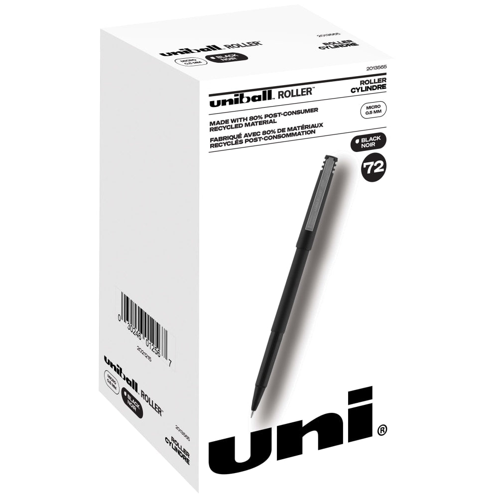 uni-ball Roller Pens, Micro Point, 0.5mm, Black Barrel, Black Ink, Pack Of 72