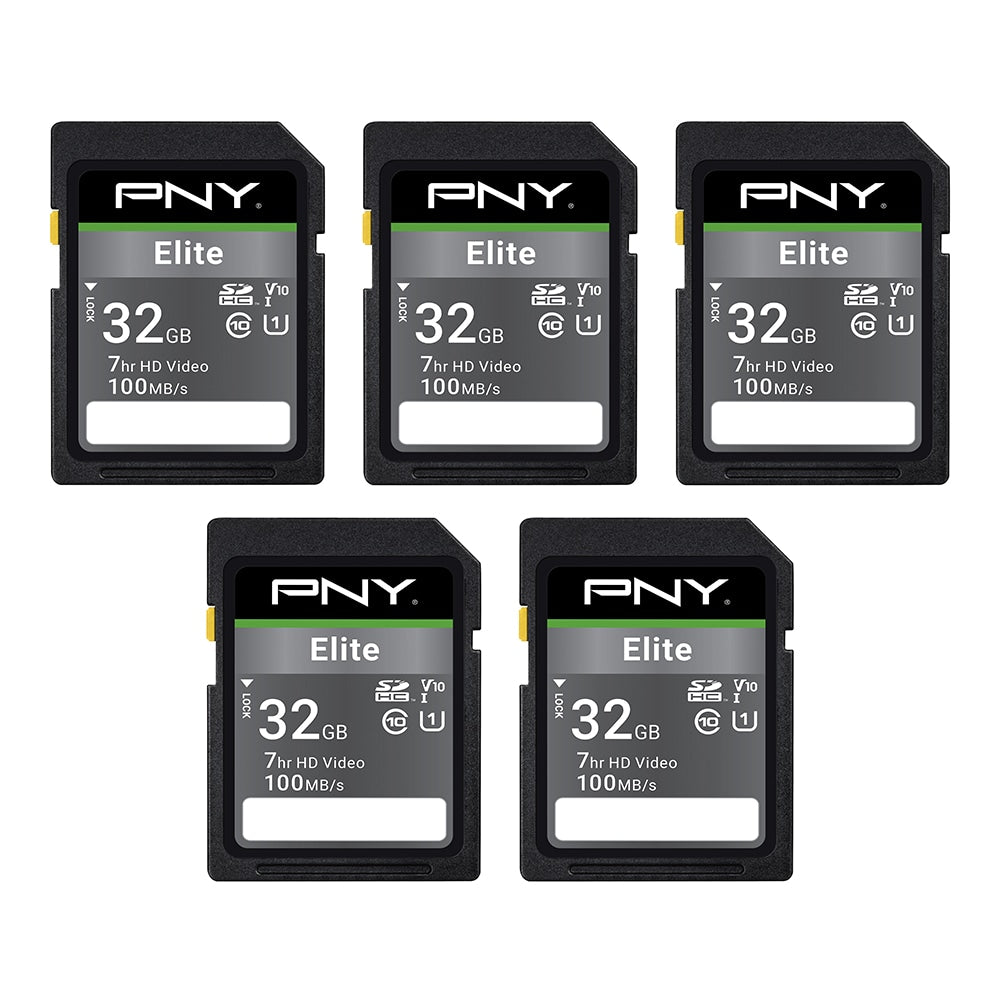 PNY Elite Class 10 U1 V10 SDHC Flash Memory Cards, 32GB, Pack Of 5 Memory Cards