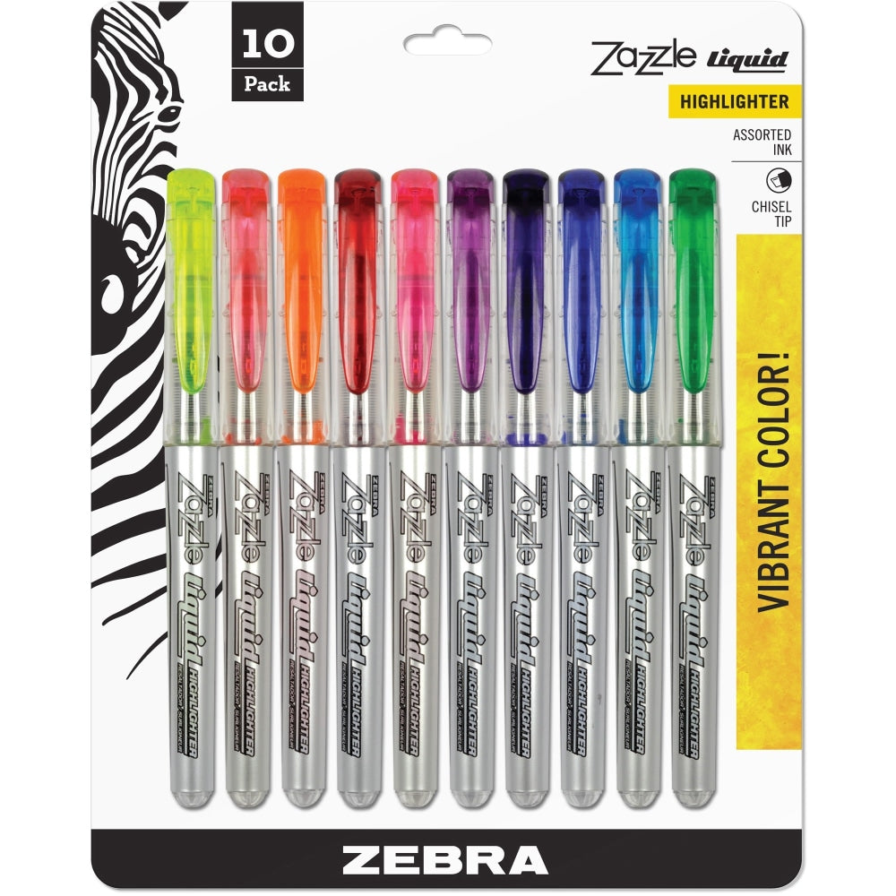 Zebra Pen Zazzle Brights All-Purpose Highlighters, Pack Of 10, Chisel Point, Assorted Colors