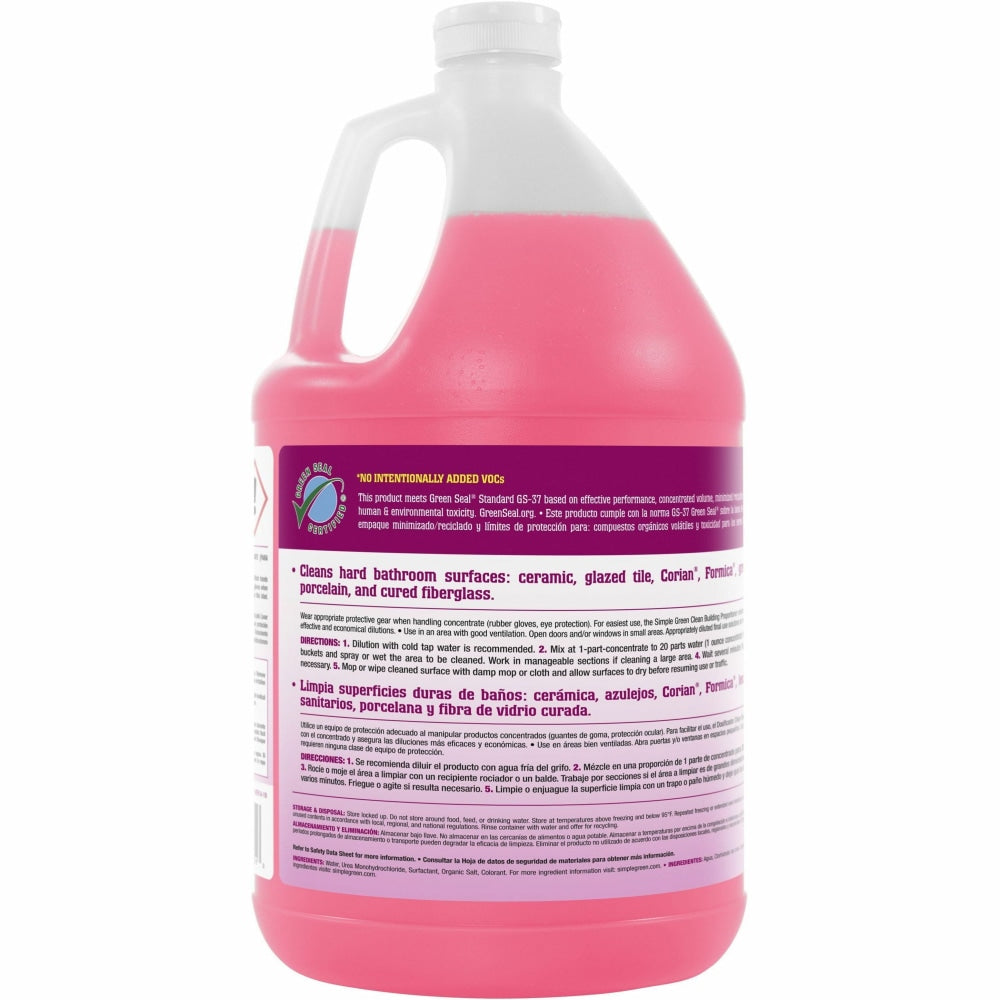 Simple Green Clean Building Bathroom Cleaner - For Multipurpose - Concentrate - 128 fl oz (4 quart) - 2 / Carton - Unscented, Non-toxic, Caustic-free, Non-flammable, VOC-free - Pink