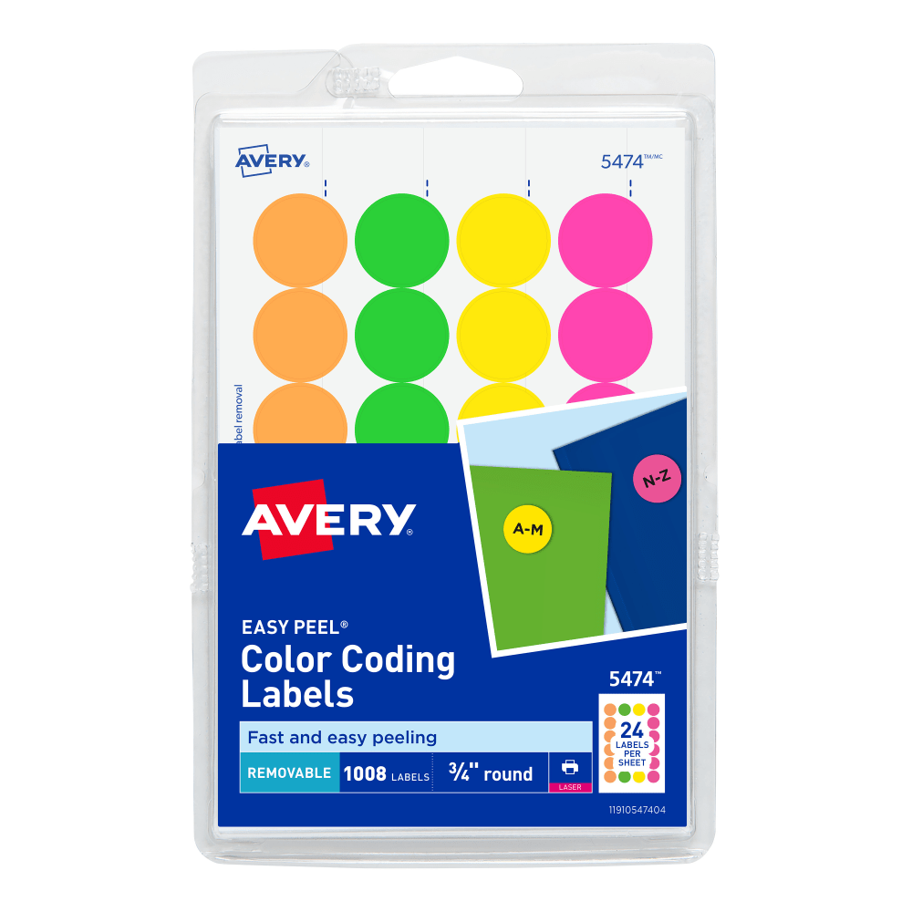 Avery Removable Print Or Write Color Coding Labels, 5474, Round, 3/4inDiameter, Assorted Neon, Pack Of 1,008