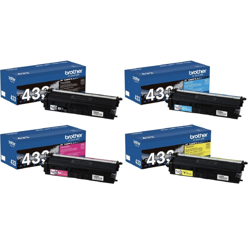 Brother TN433 Black; Cyan; Magenta; Yellow High Yield Toner Cartridges, Pack Of 4, TN433SET-OD