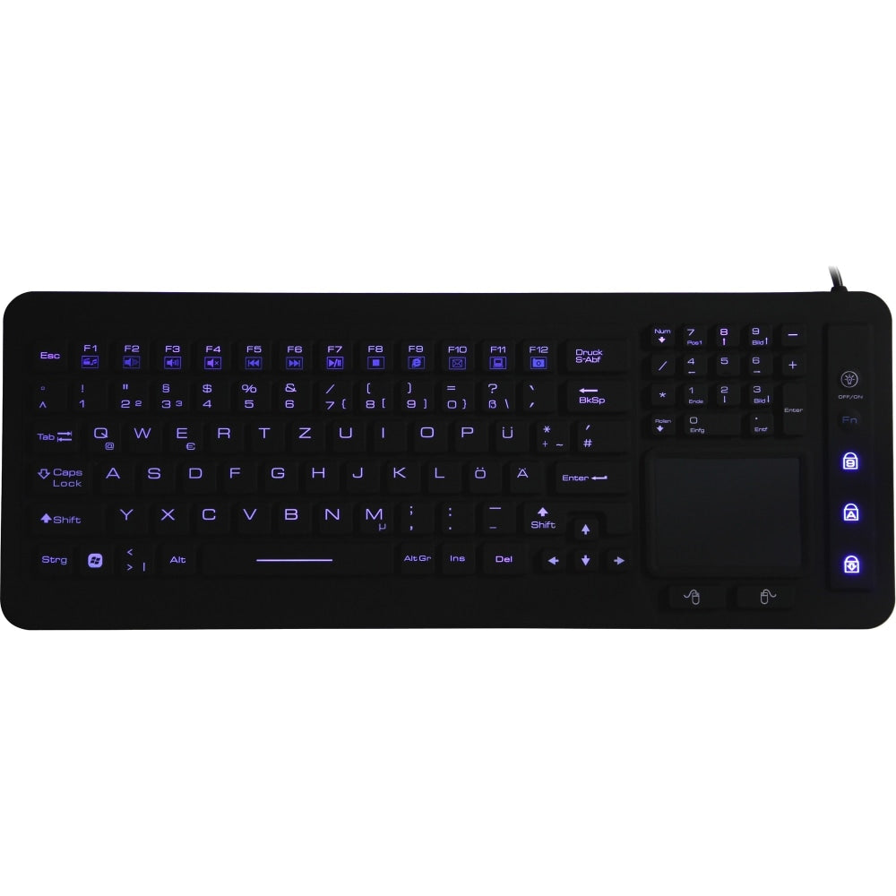 DSI WATERPROOF IP68 FULL SIZE LED BACKLIT KEYBOARD WITH TOUCHPAD - Cable Connectivity - USB Interface - 98 Key - TouchPad - Windows - Industrial Silicon Rubber Keyswitch - Black