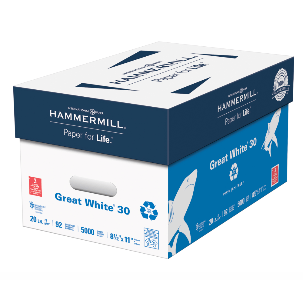 Hammermill Great White 3-Hole Punched Copy Paper, White, Letter (8.5in x 11in), 5000 Sheets Per Case, 20 Lb, 92 Brightness, 30% Recycled, Case Of 10 Reams