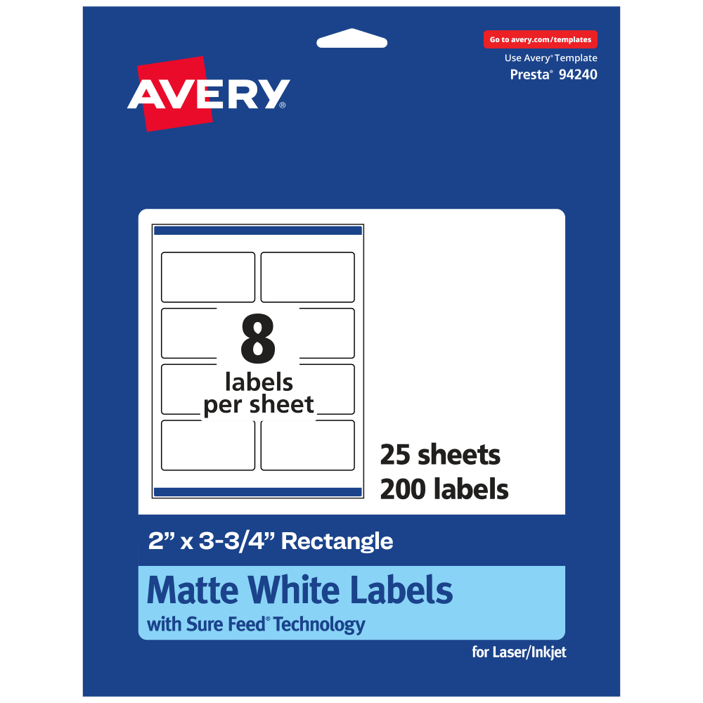 Avery Permanent Labels With Sure Feed, 94240-WMP25, Rectangle, 2in x 3-3/4in, White, Pack Of 200