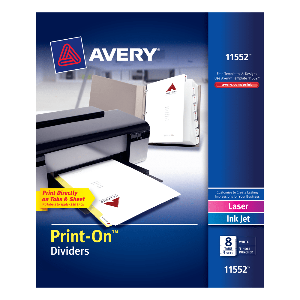 Avery Customizable Print-On Dividers, 8 1/2in x 11in, 8 Tab, White, Pack Of 5 Sets