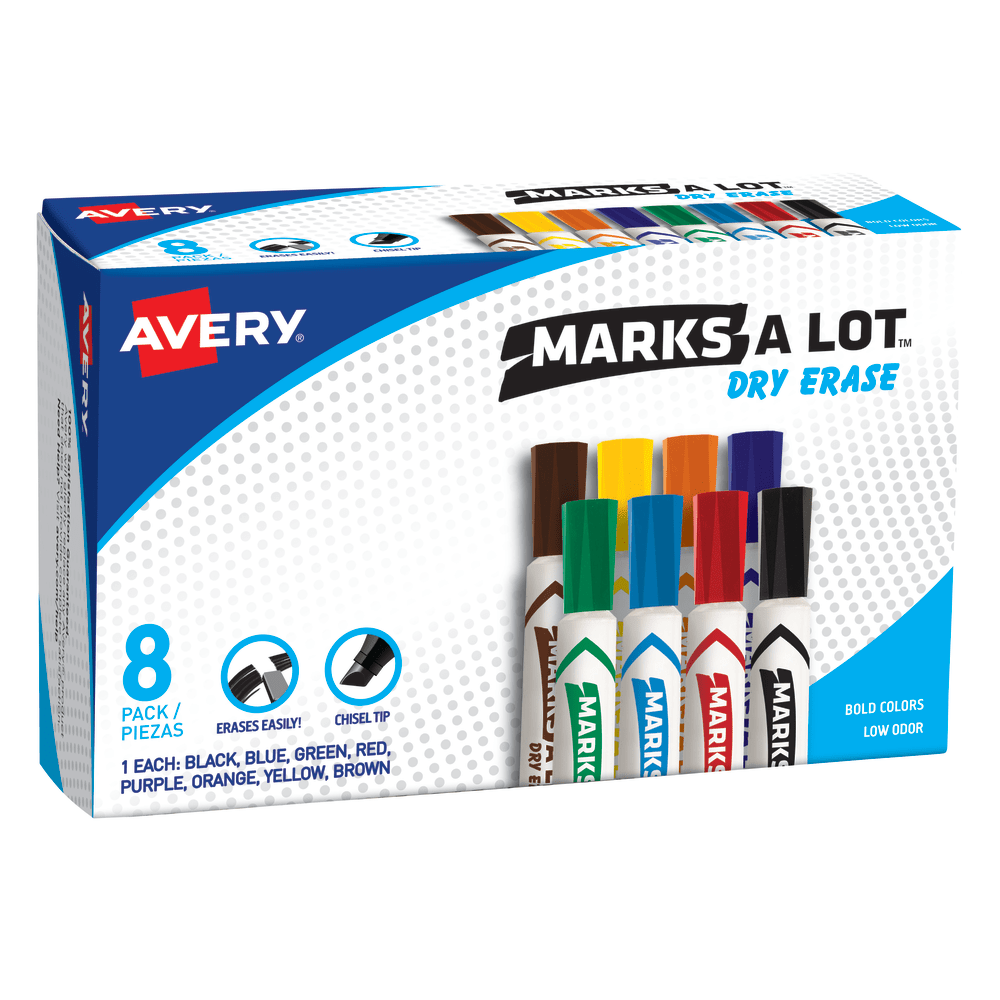 Avery Marks A Lot Dry Erase Markers, Chisel Tip, Desk-Style, Assorted, Pack Of 8 Markers