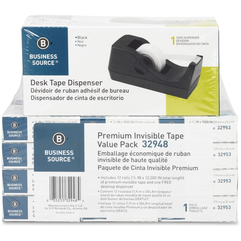 Business Source Invisible Tape Dispenser Value Pack - 27.78 yd Length x 0.75in Width - 1in Core - Acetate - Dispenser Included - Desktop Dispenser - 12 / Pack - Clear