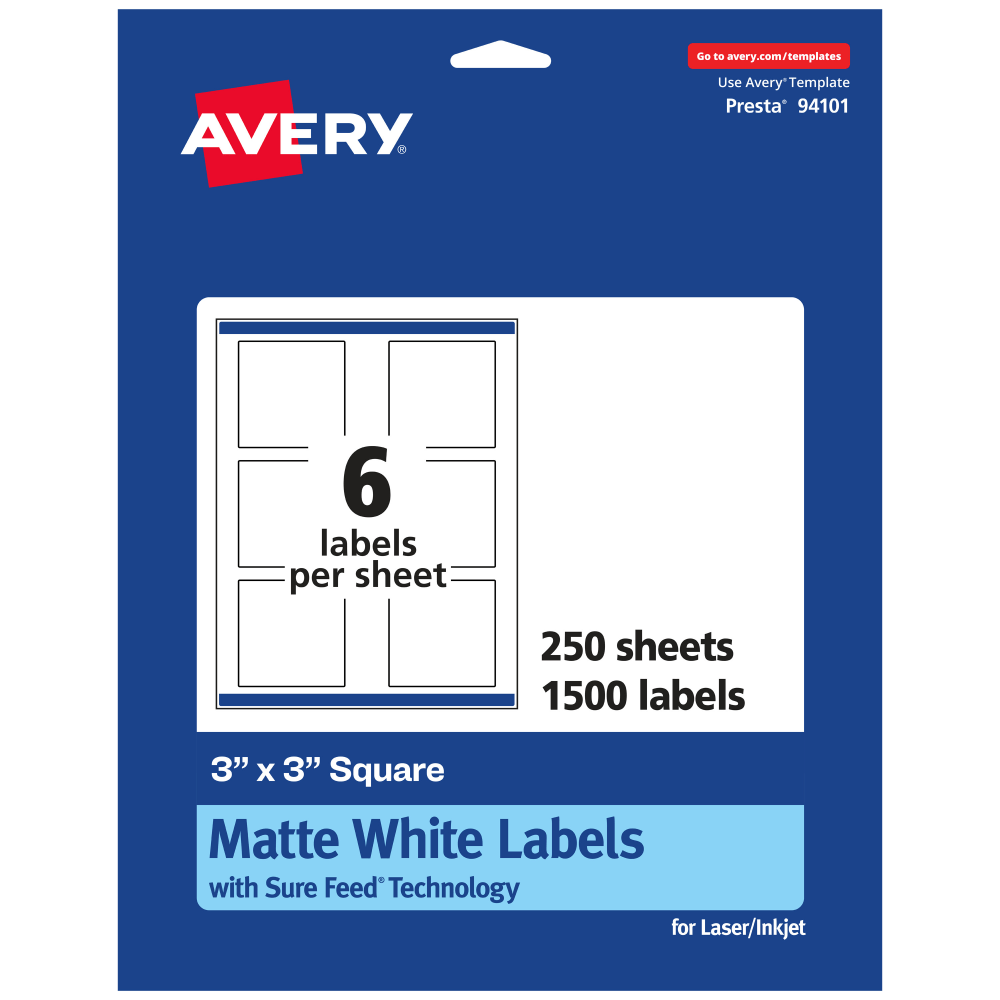 Avery Permanent Labels With Sure Feed, 94101-WMP250, Square, 3in x 3in, White, Pack Of 1,500