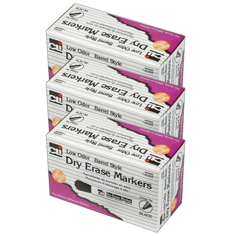 Charles Leonard Dry-Erase Markers, 12 Markers Per Pack, Set Of 3 Packs, Chisel Tip, Black, 36 Markers