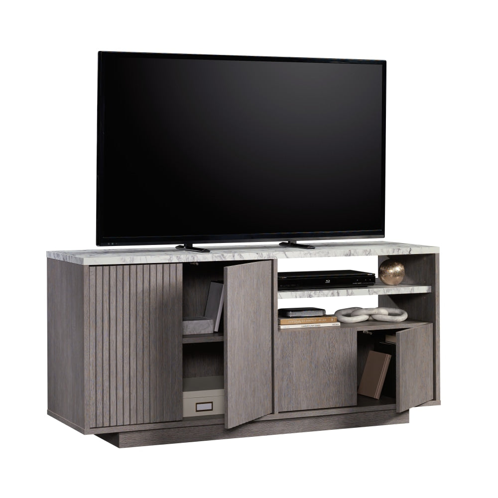 Sauder East Rock Contemporary TV Credenza With Doors And Open Shelving, 27-1/2inH x 59inW x 18-3/8inD, Ashen Oak/Faux White