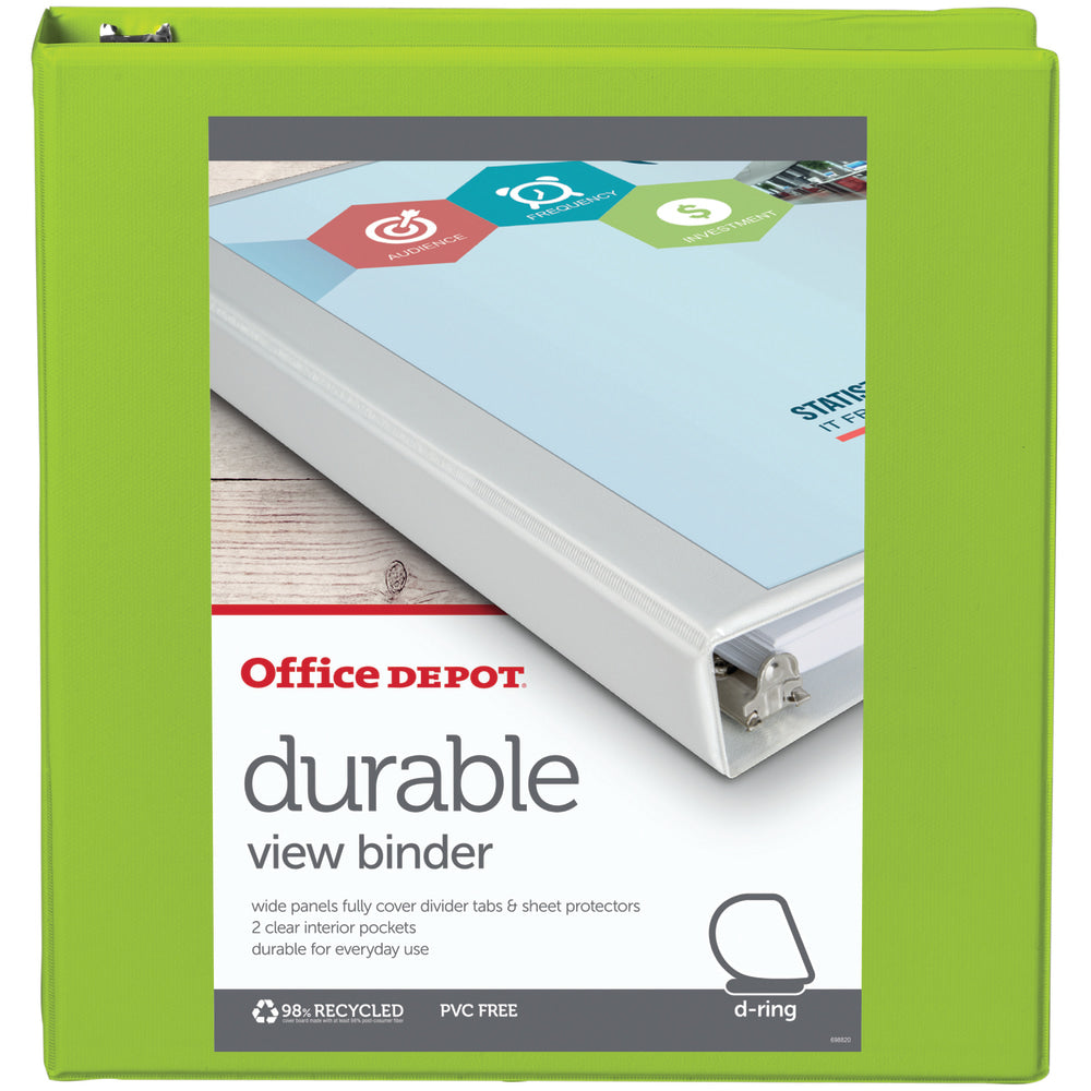 Office Depot Brand Durable View 3-Ring Binder, 1 1/2in D-Rings, Green