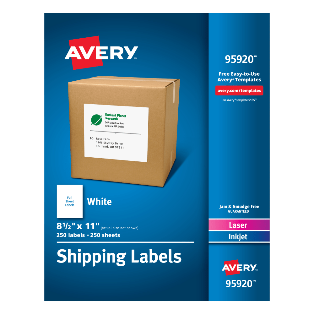 Avery Shipping Address Labels, 95920, Rectangle, Full Sheet Labels, White, Pack Of 250 Labels