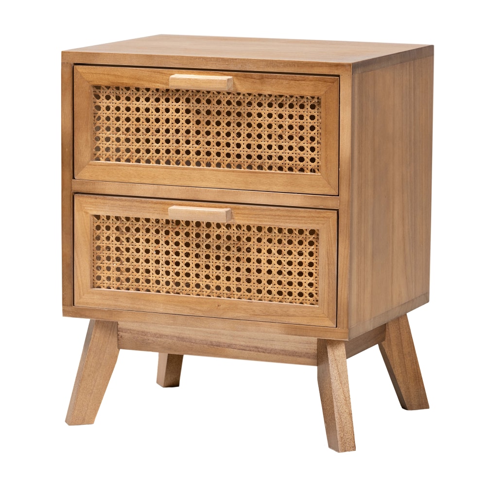 Baxton Studio Baden Nightstand With Rattan, 2-Drawer, 19-3/4inH x 15-3/4inW x 11-13/16inD, Natural/Walnut Brown