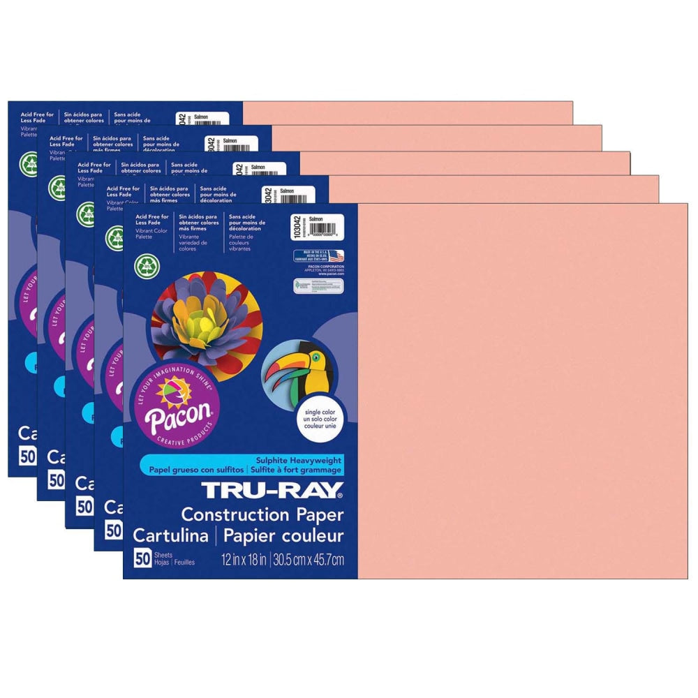 Tru-Ray Construction Paper, 12in x 18in, Salmon, 50 Sheets Per Pack, Set Of 5 Packs