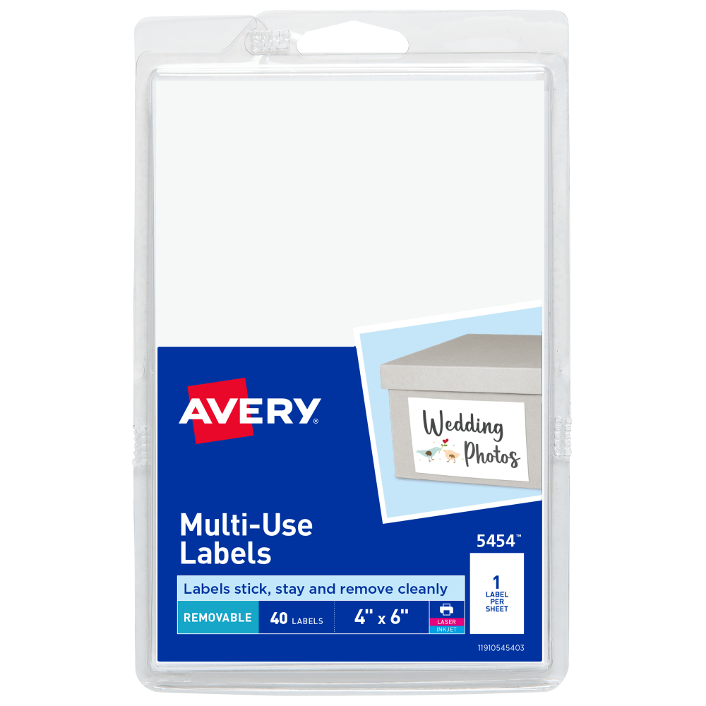 Avery Removable Labels, 5454, Rectangle, 4in x 6in, White, Pack Of 40