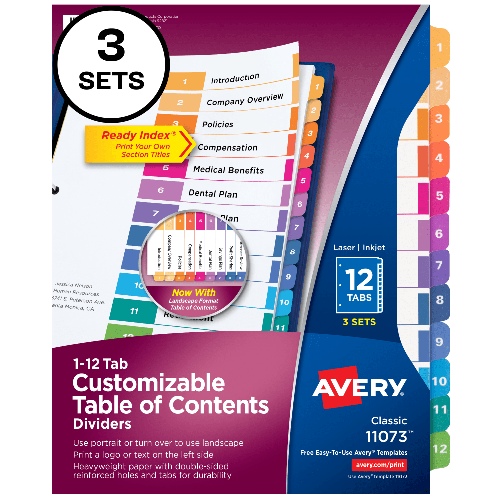 Avery Ready Index 1-12 Tab Binder Dividers With Customizable Table Of Contents, 8-1/2in x 11in, 12 Tab, White/Multicolor, Pack Of 3 Sets