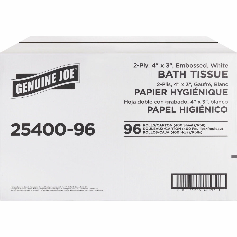 Genuine Joe 2-ply Standard Bath Tissue Rolls - 2 Ply - 3in x 4in - 400 Sheets/Roll - 1.63in Core - White - 96 / Carton