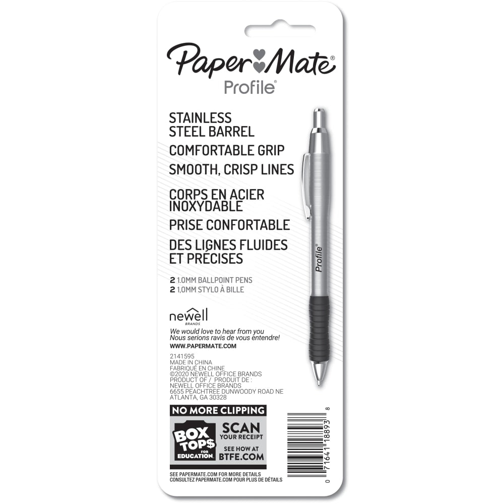 Paper Mate Profile Metal Barrel Ballpoint Pens, Medium Point, 1.0 mm, Silver Barrel, Black Ink, Pack Of 2 Pens