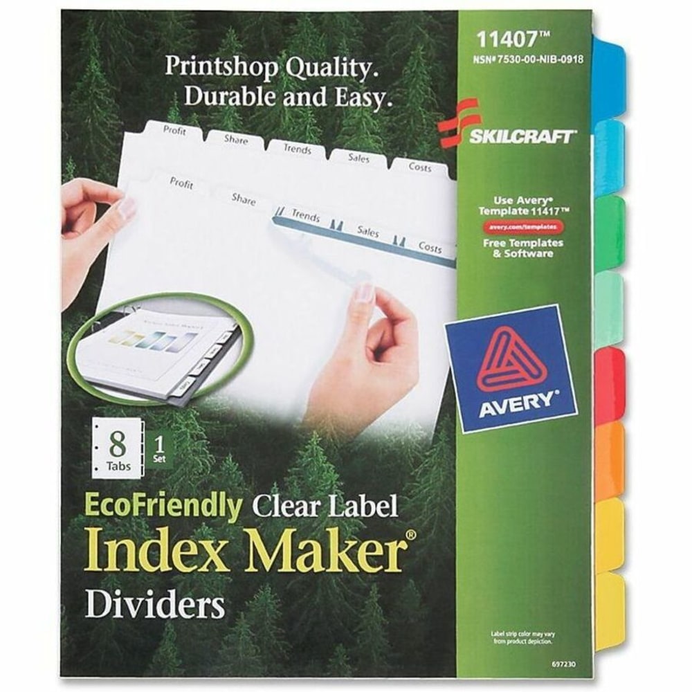 SKILCRAFT Index Maker Clear Label Dividers With White Tabs, 8-Tab (AbilityOne7530-01-600-6978)