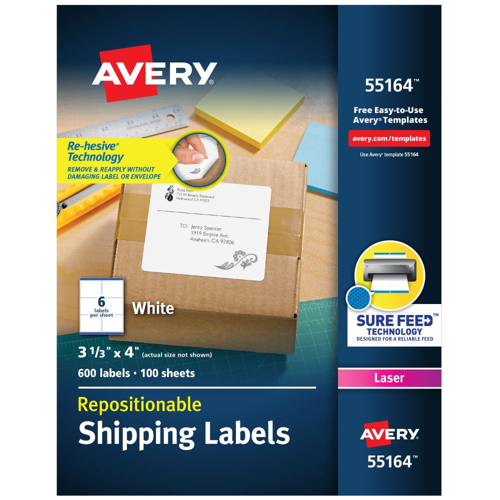 Avery Repositionable Permanent Shipping Labels, 55164, 3 1/3in x 4in, White, Box Of 600