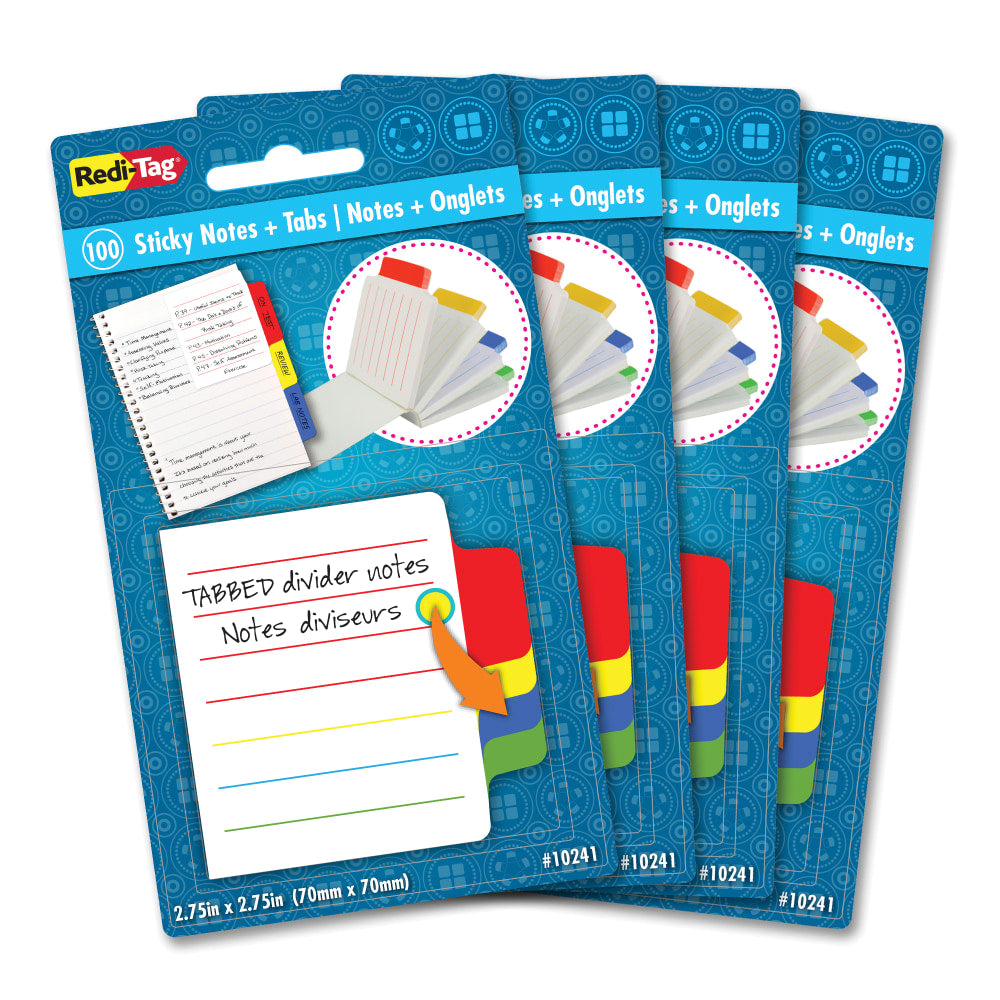 Redi-Tag Tabbed Divider Notes - 4in x 4in - Square - Ruled - Multicolor - Tab, Self-stick - 4 / Box