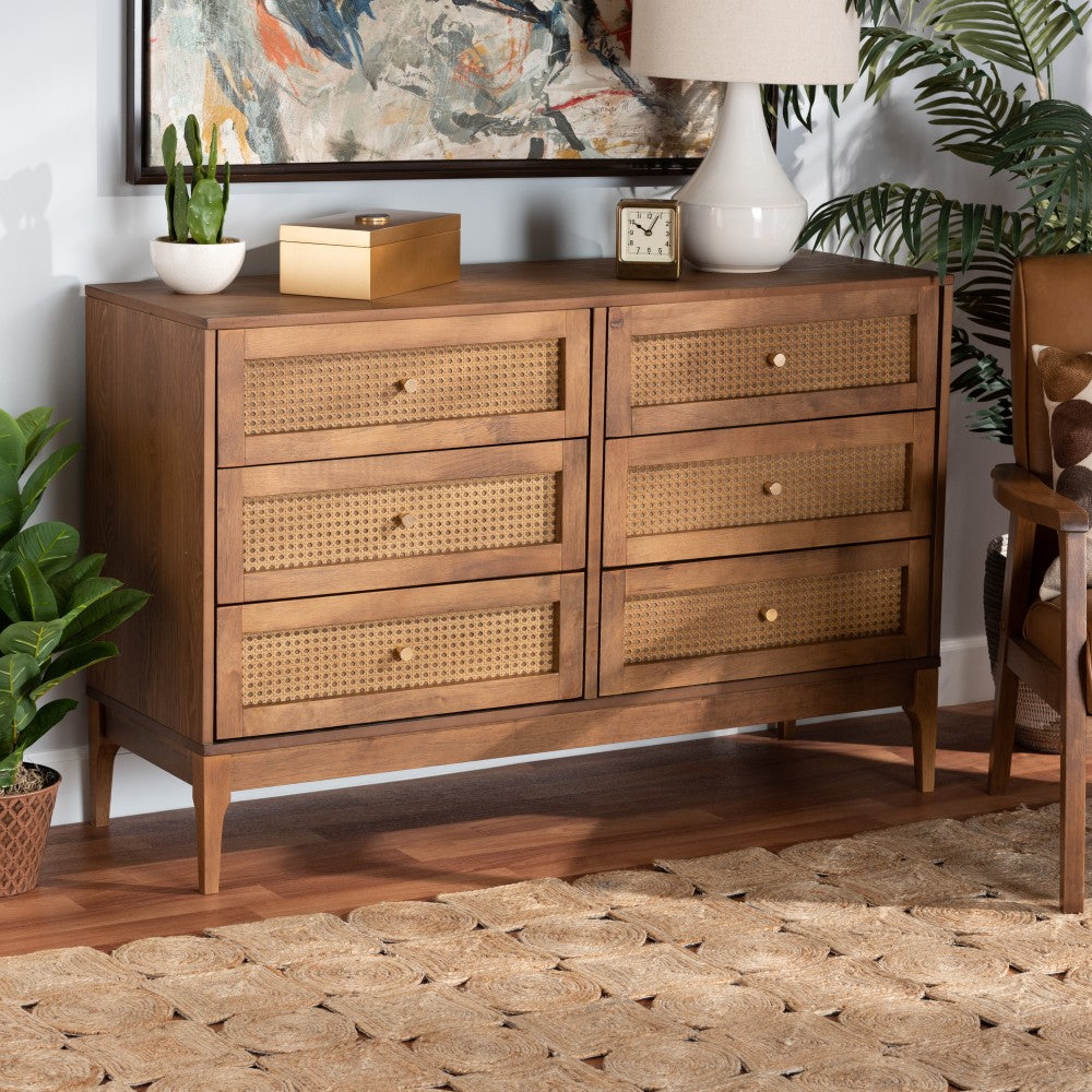 Baxton Studio Ramiel Finished Wood And Rattan 6-Drawer Dresser, 30-7/16inH x 47-1/4inW x 15-3/4inD, Natural Brown/Gold