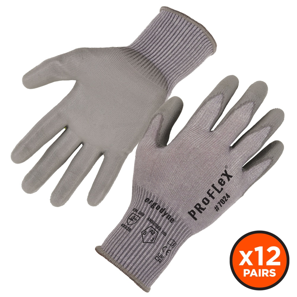 Ergodyne Proflex 7024-12PR PU-Coated Cut-Resistant Gloves, Small, Gray, Pack Of 12 Pairs