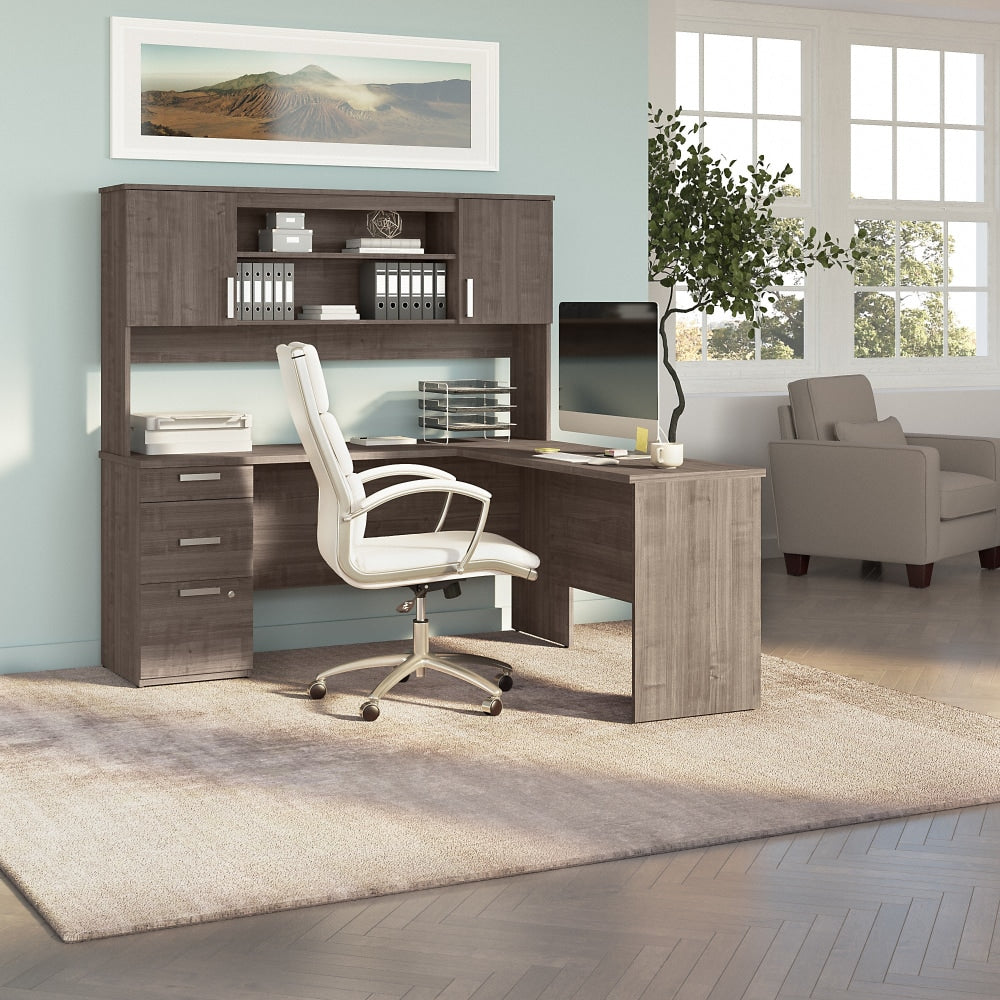 Bestar Ridgeley 65inW L-Shaped Corner Desk With Hutch, Medium Gray Maple