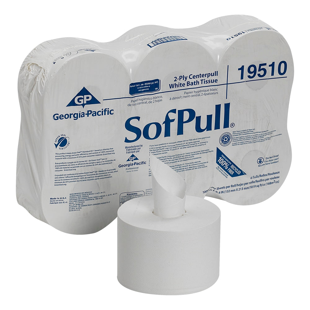 Georgia-Pacific SofPull Centerpull 2-Ply Toilet Paper, 1000 Sheets Per Roll, 100% Recycled, Pack Of 6 Rolls