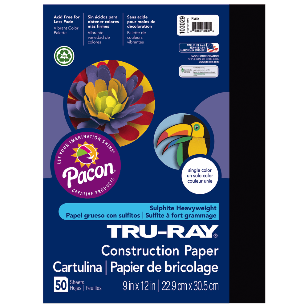 Tru-Ray Construction Paper, 50% Recycled, 9in x 12in, Black, Pack Of 50