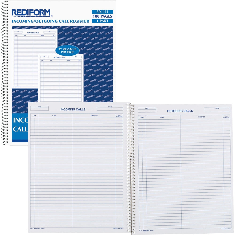 Rediform Incoming/Outgoing Call Register Book, 100 Sheets, 8 1/2in x 11in