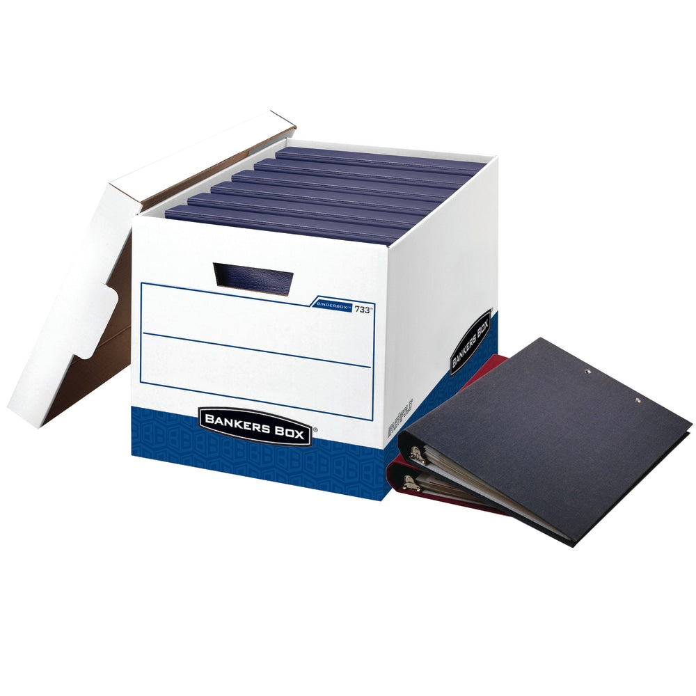 Bankers Box Binderbox Heavy-Duty Storage Boxes With Locking Lift-Off Lids And Built-In Handles, 18 1/2in x 12 1/4in x 12in, 60% Recycled, Blue/White, Case Of 12