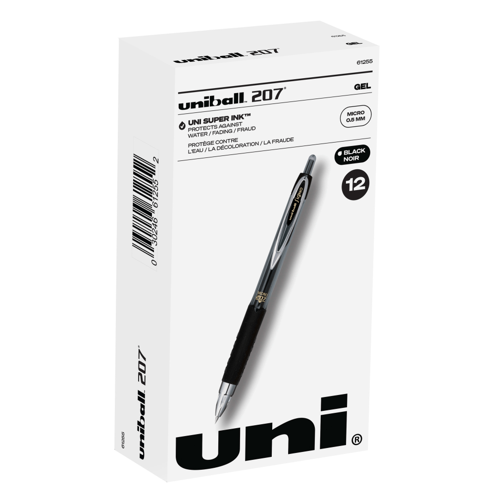 uni-ball 207 Retractable Fraud Prevention Gel Pens, Micro Point, 0.5 mm, Black Barrels, Black Ink, Pack Of 12