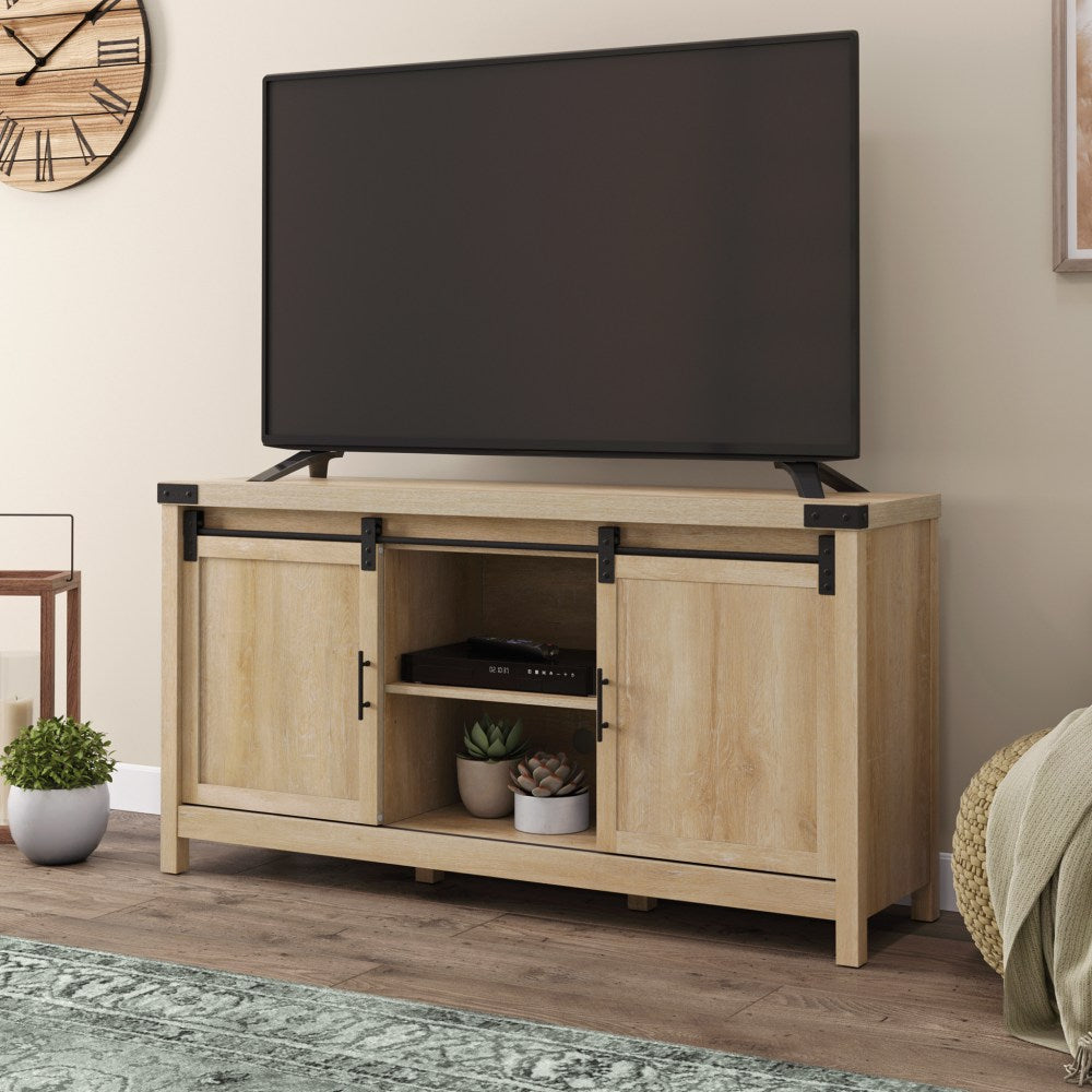 Sauder Bridge Acre Credenza With Barn Doors For 65in TV, 30inH x 58-1/4inW x 15-1/2inD, Orchard Oak