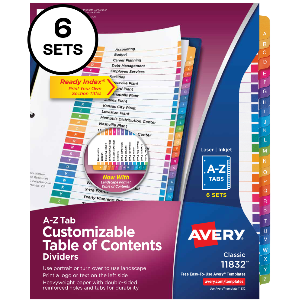 Avery Ready Index Dividers, A-Z Tab & Customizable Table of Contents, 8-1/2in x 11in, 26 Tab, Multicolor, Pack Of 6 Sets