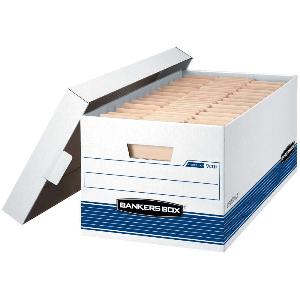 Bankers Box Stor/File Medium-Duty Storage Boxes With Locking Lift-Off Lids And Built-In Handles, Letter Size, 24in x 12in x 10in, 60% Recycled, White/Blue, Case Of 4, FEL0070104