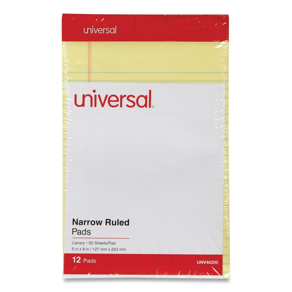 Universal Perforated Ruled Writing Pads, Narrow Rule, 5in x 8in, Canary Yellow, Pack Of 12 Pads