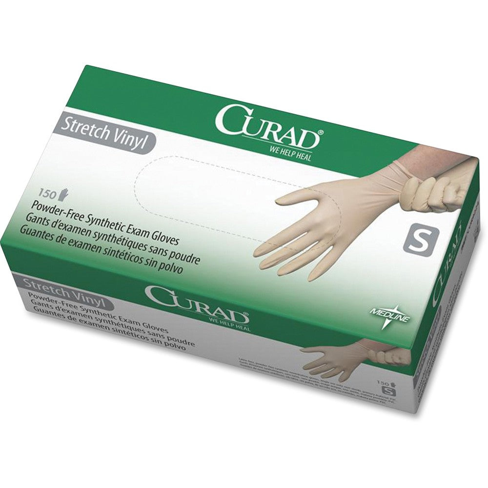 Medline Powder-free Stretch Vinyl Exam Gloves - Small Size - Vinyl - Cream - Stretchable, Powder-free, Latex-free, Non-sterile, Beaded Cuff - For Multipurpose - 150 / Box - 9.50in Glove Length