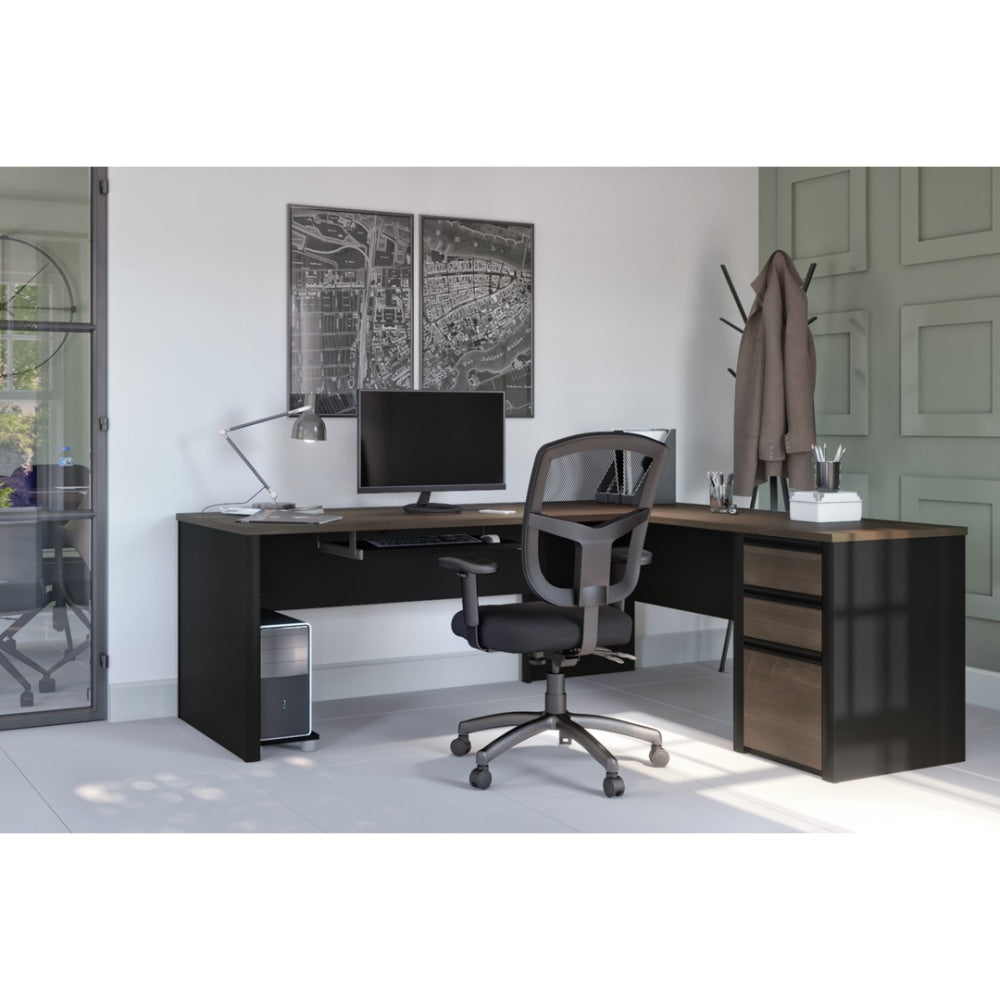 Bestar Connexion 72inW L-Shaped Corner Desk With Pedestal, Antigua/Black